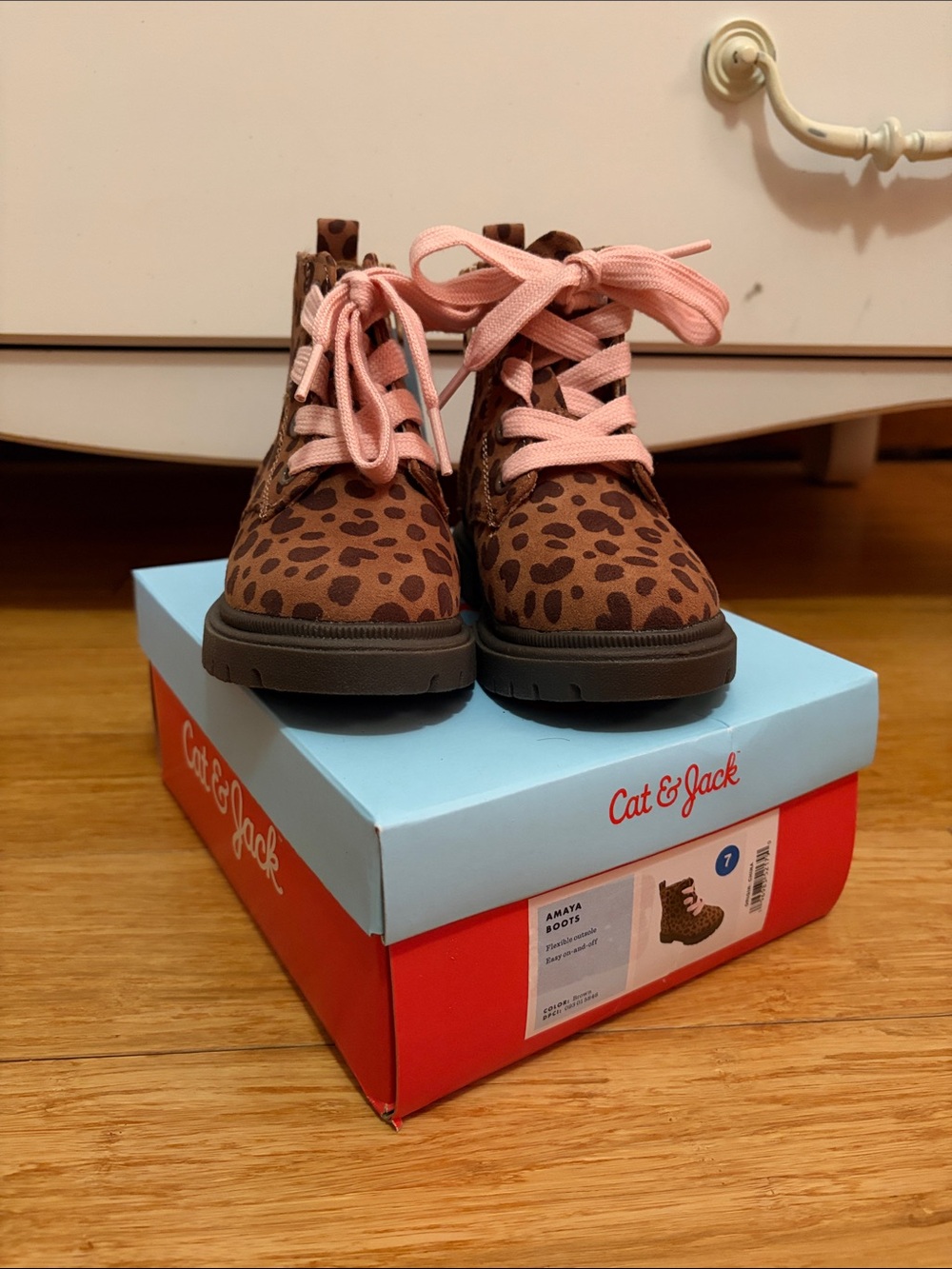 Cat & Jack Brown Leopard Print Boots with Pink Laces
